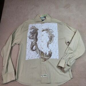 English Laundry Button Down XL Tan Pinstripe Graphic Patch Arrogant Snake 1165